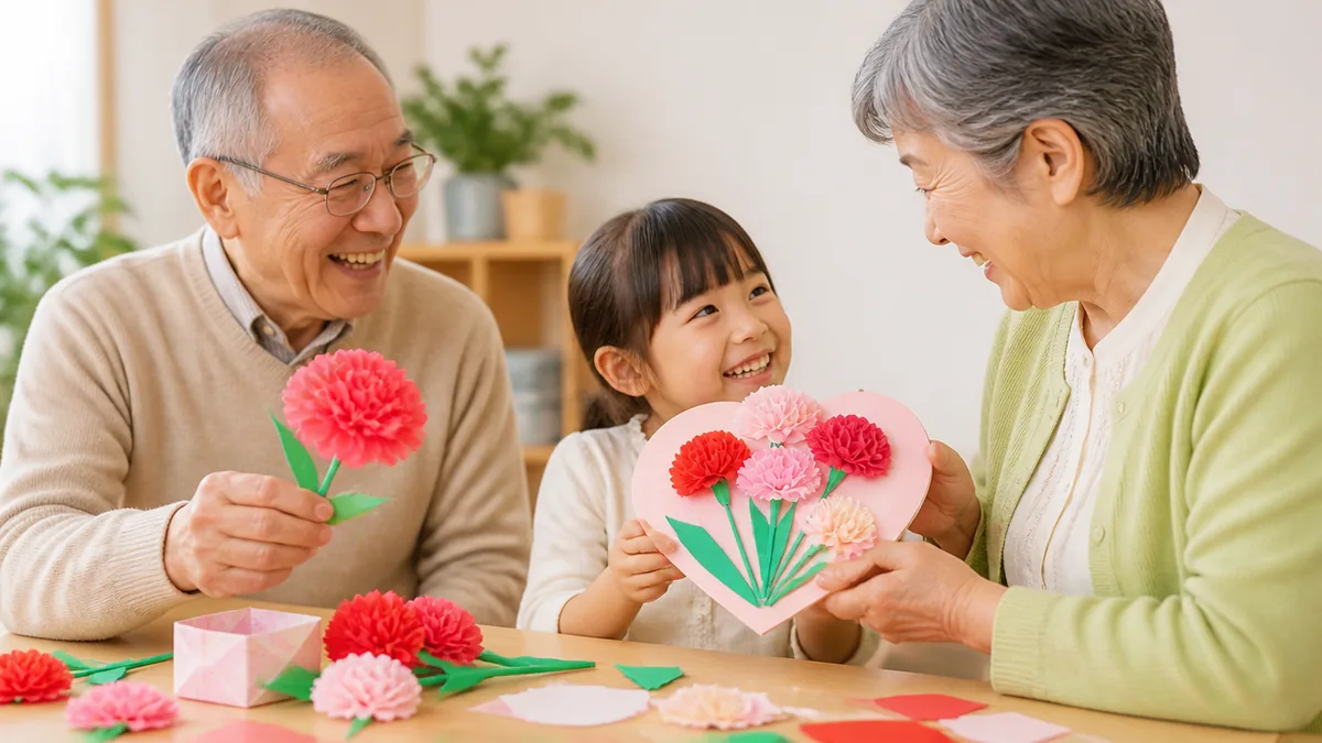 母の日の飾り2案｜カーネーションと「ありがとう」の寄せ書きの解説画像