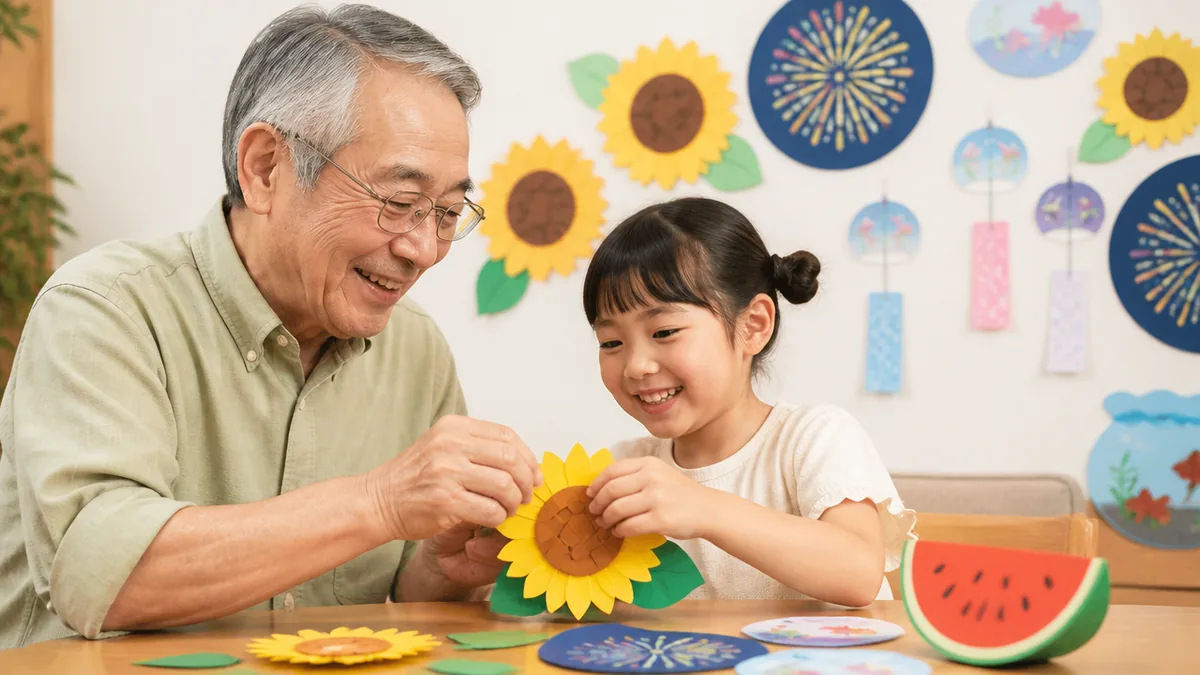 ひまわり・花火・風鈴・スイカ|8月前半を彩る壁面4案の解説画像